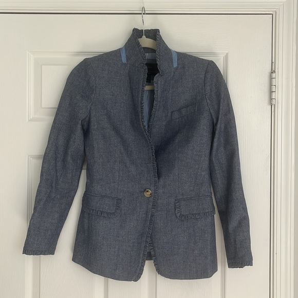 J. Crew Regent Blazer in Blue Chambray Ruffle - Picture 3 of 10